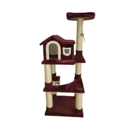 Claws & Paws Gimnasio Rascador para Gato 4 Pisos + Casa (56x46x147 cm) - Color Vino