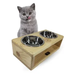 Inca Miau Comedero Elevado Doble de Madera con Platos de Acero