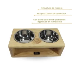 Inca Miau Comedero Elevado Doble de Madera con Platos de Acero