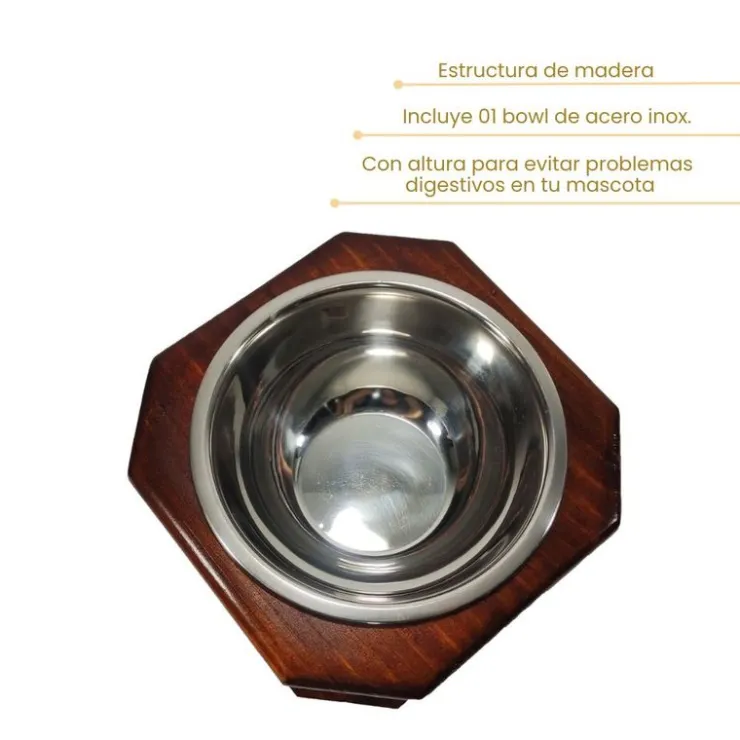 Inca Miau Comedero Individual de Madera con Plato de Acero